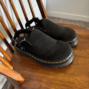 Dr. Martens Black Suede Slingback Clogs with Yellow Welt Stitching